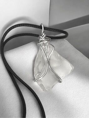 5 For $25💫Handcrafted Clear Sea Glass Pendant Necklace with Silver Wire Wrap